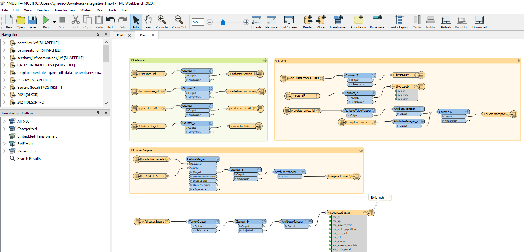 capture d'écran de l'interface de FME affichant un script comprenant plusieurs transformers