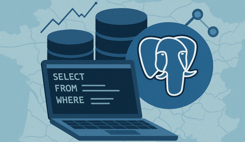 Illustration d'optimisation de bases PostgreSQL avec un ordinateur affichant des requêtes SQL, des icônes de base de données, le logo PostgreSQL et des graphiques de performance