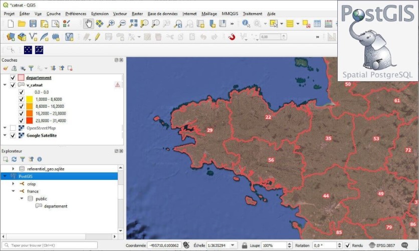 capture d'écran de la visualisation des couches SIG issuent d'une base de données PostGIS dans le logiciel QGIS